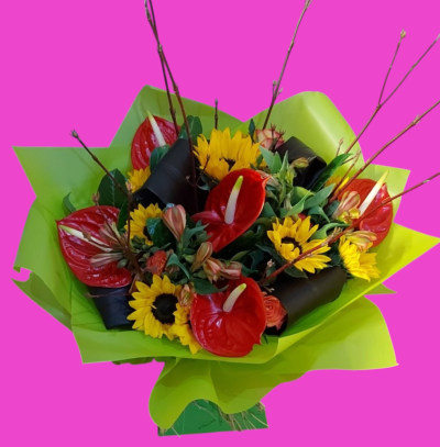 Tropical Heatwave Bouquet - A beautiful bouquet of sunflowers, Anthuriums  and other hot coloured flowers to compliment