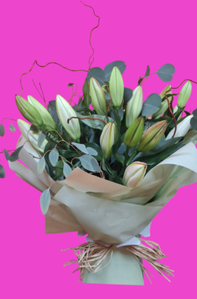 Scented White Oriental Li - Beautiful Scented White Oriental Lilies, arranged with Eucalyptus and Natural Birch or Twisted Willow, handtied and presented in a box of water
