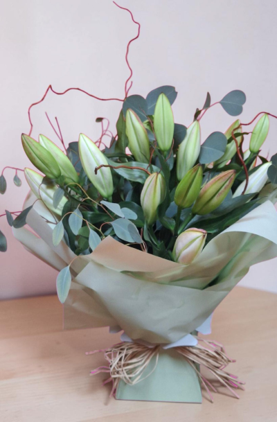 Scented White Oriental Li - Beautiful Scented White Oriental Lilies, arranged with Eucalyptus and Natural Birch or Twisted Willow, handtied and presented in a box of water